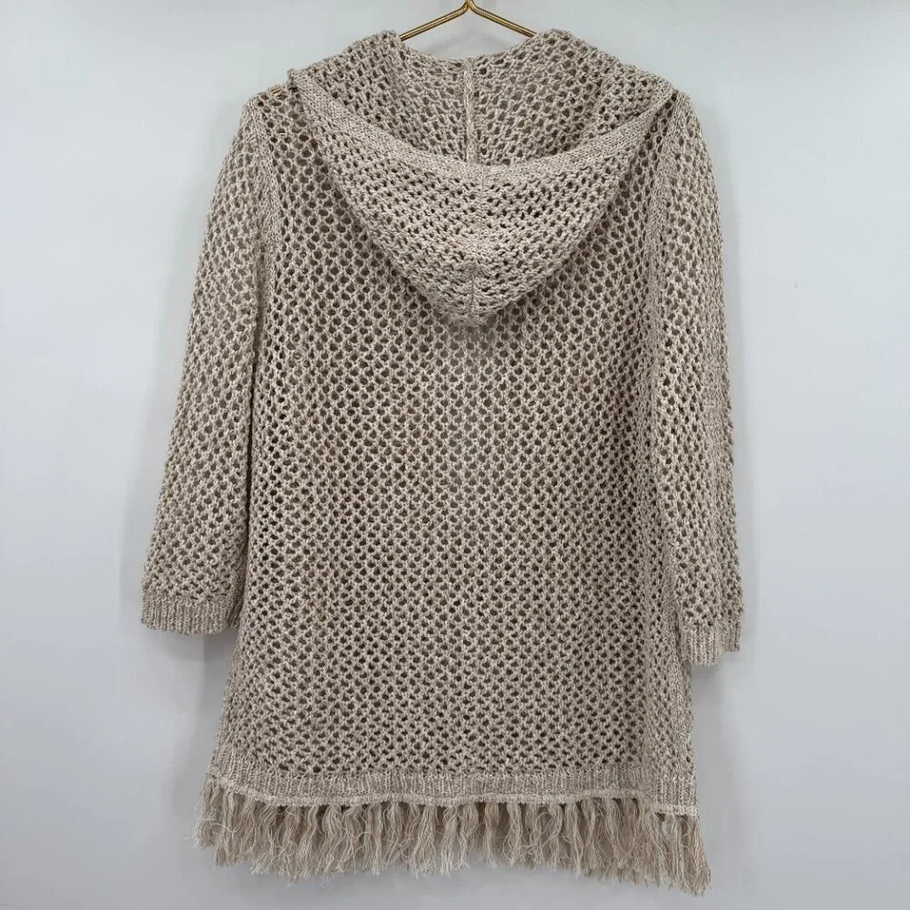 J Jill Open Crochet Knit Hooded Fringe Beige Cardigan Boho Hippie L - Picture 5 of 10
